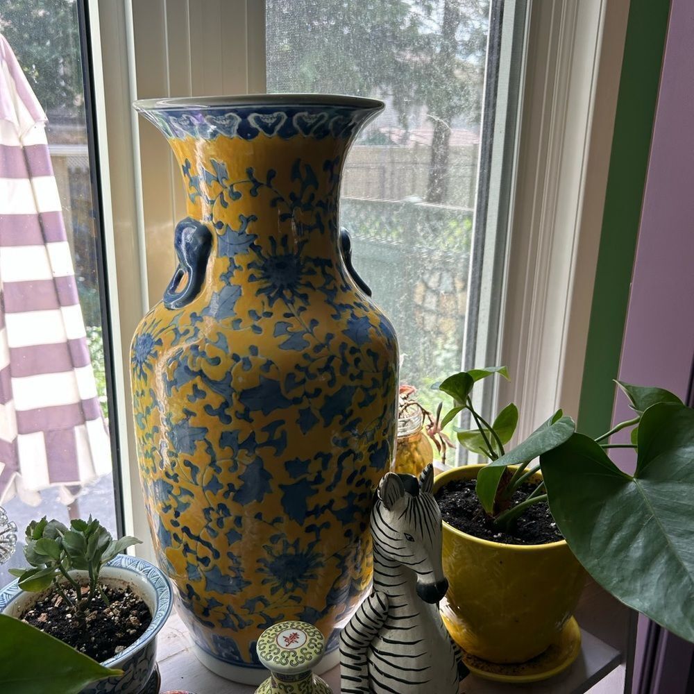 Vintage Artistic Yellow and Blue Asian Floral Vase 19" tall